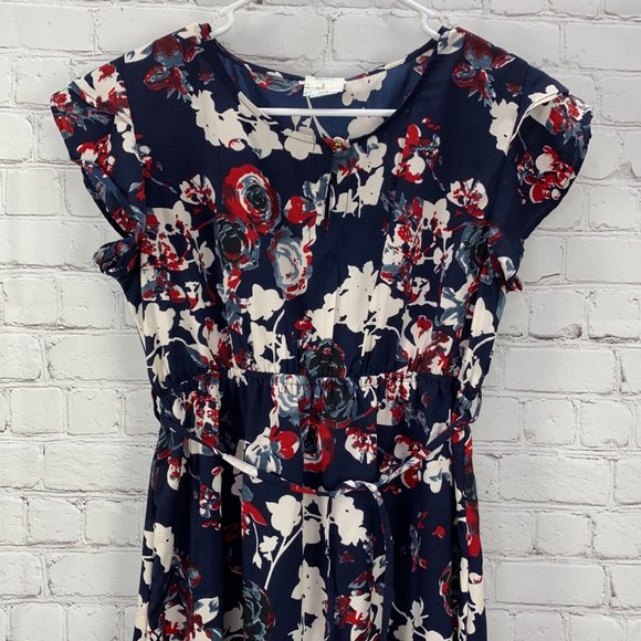 Maternity Dress Navy Blue Floral Flutter Sleeves A Line Oh Mamma NWT sz M - Picture 2 of 5